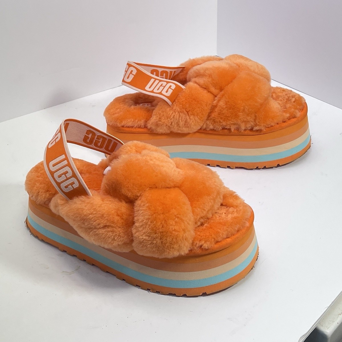 UGG Disco Knot Slides Orange Platform Sandal Sheepskin 1126383