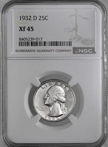 1932-D 25C WASHINGTON SILVER QUARTER  "DENVER MINT"  NGC XF45  #8405239-017