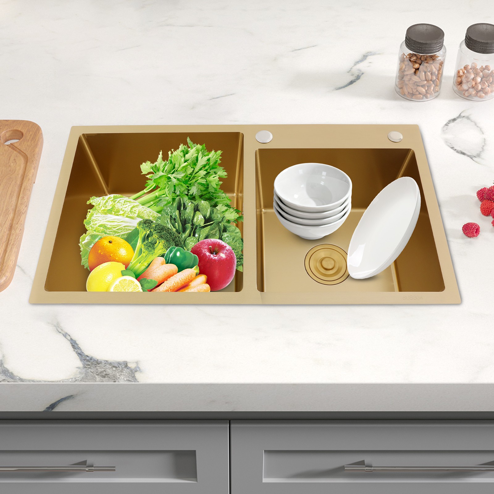 Undermount Workstation Kitchen Sink Double Bowl Stainless Steel Sink Gold