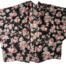 Black Red Floral Kimono Sheer Open Front One Size Boho Lightweight