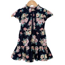 Janie and Jack Girls Floral Dress Navy Pink Ruffle Hem Cottagecore Spring Size 4