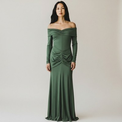 MUSERA Dress Womens Small Green Off Shoulder Ruched Mermaid Maxi Gown Formal