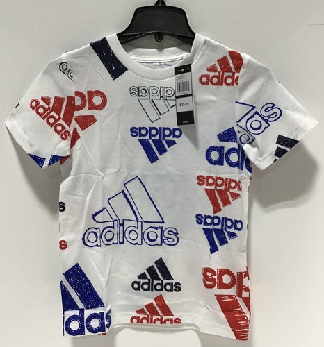 Adidas White & Blue Logo Sketch Brand Love Tee - Boys Size Small - Picture 1 of 3
