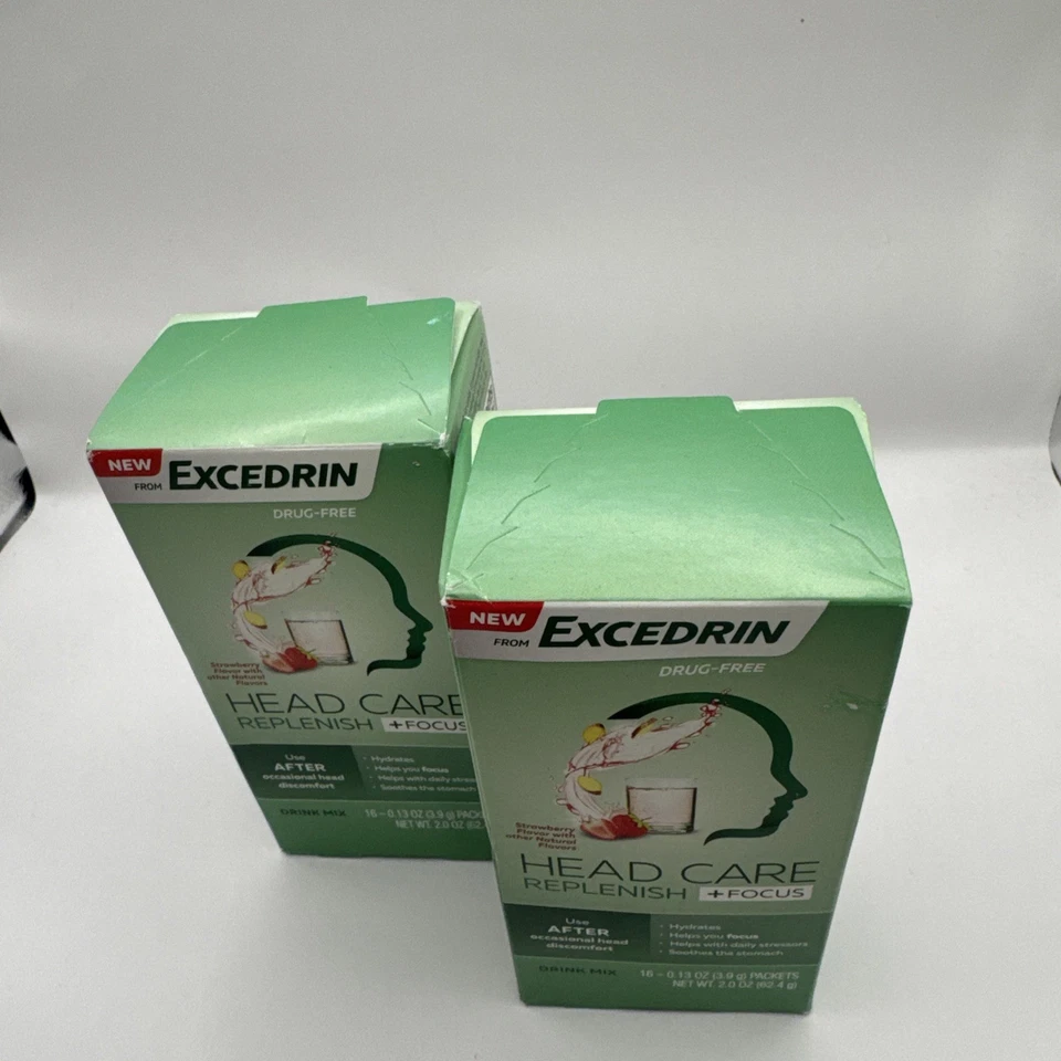 2 Excedrin Cuidado de la Cabeza Reponer Enfoque Bebida Fresa Verificar Fecha de Caducidad!!! Foto 3 de 4