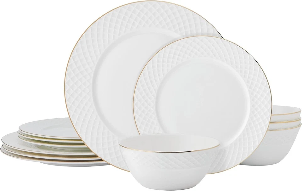 12-Piece Trellis Gold Rimmed Bone China Set - Service for 4, Chip Resistant - Image 3 of 4