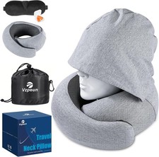 Travel Neck Pillow Memory Foam Support Hoodie Sleep Travel Essentials with Eye