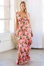 LULUS Party In Palm Springs Pink Floral Tiered Maxi Dress Satin Size medium