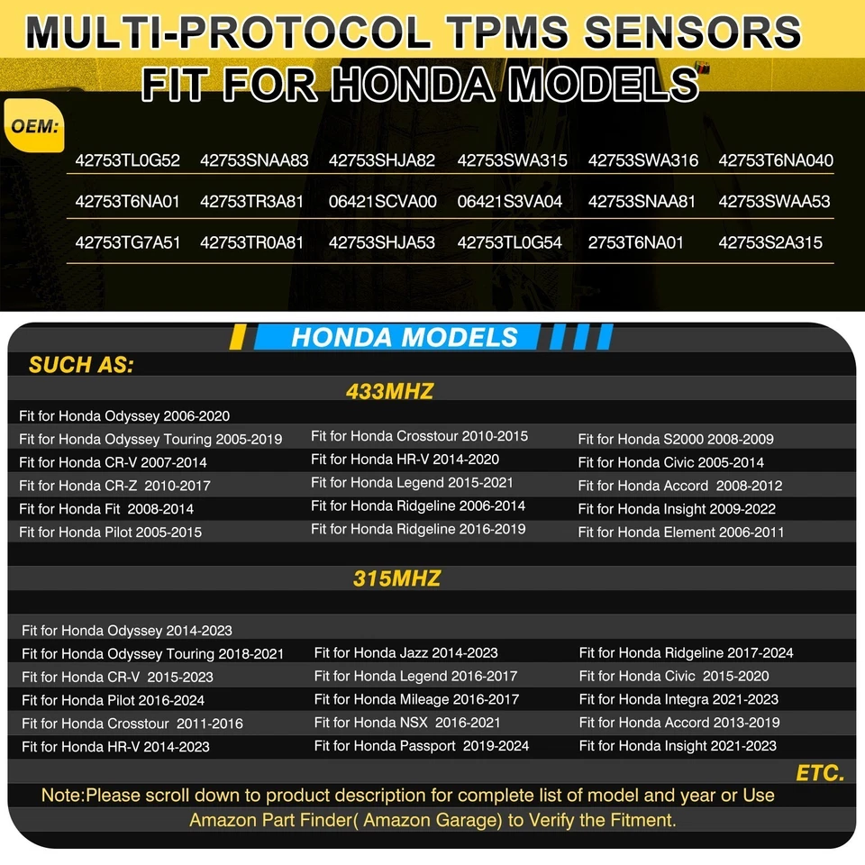 4Pcs TPMS Tire Pressure Monitoring Sensor 315MHz&433MHz for HONDA - Image 4 of 4
