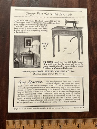 Vintage 1928 Sparrow w/ Egg; Singer Sewing "American Singers" Bird Trade Card - Picture 3 of 4