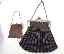 LOT OF 2 ANTIQUE VICTORIAN BLUE BEADED/MESH PURSES SILVER PLATE/CHAIN -FLAWS