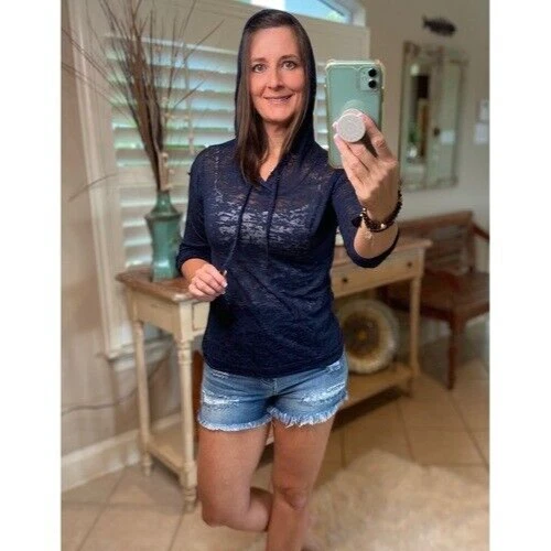 Sheer Hoodie Top Small Blue Burnout Drawstring Tissue Long Sleeve Navy Sexy