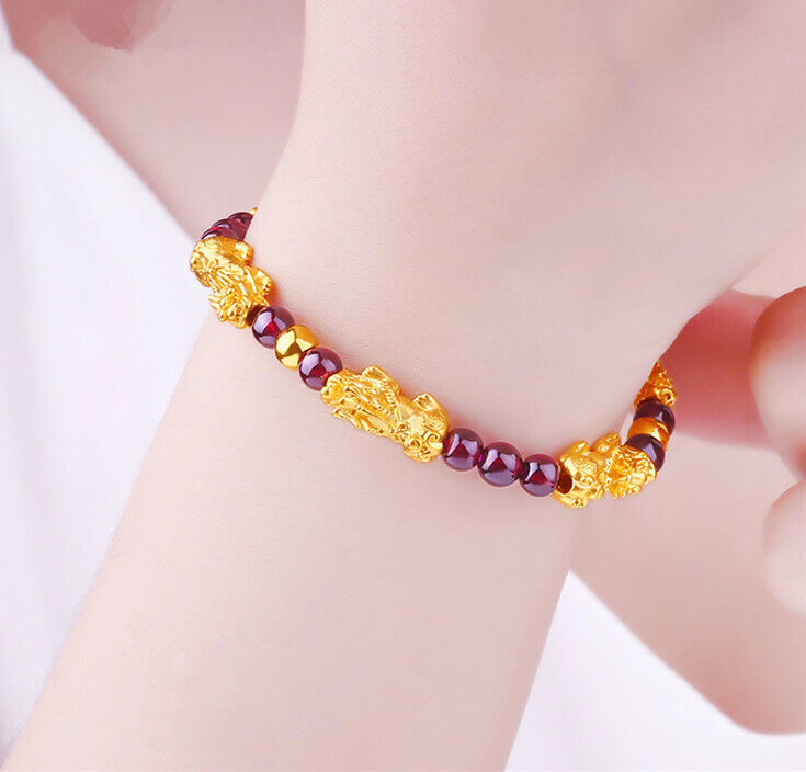 999 24K Yellow Gold Men Women 6pcs Dragon Son Pixiu Beads
