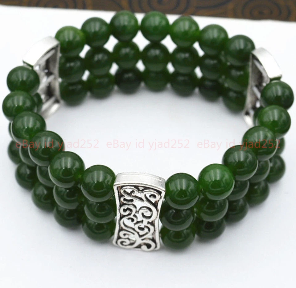 New 3row Women's Natural 8mm Dark Emerald Beads Stretch Tibetan Silver Bracelet - Image 3 of 4