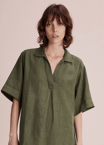 COUNTRY ROAD ORGANIC FRENCH LINEN BLOUSE POPOVER MOSS GREEN AU 6 US 2 LUXURY - Picture 2 of 9