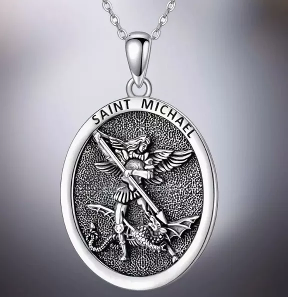 New St Saint Michael Archangel Angel Oval Metal Pendant Necklace Steel