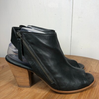 Paul Green Shoes 6 Womens 8.5 Ankle Bootie Zip Up Black Peep Toe Heels Leather