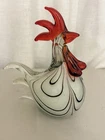 Vintage Murano Style Hand Blown Glass Rooster Figurine 7.5" Black White Red Art