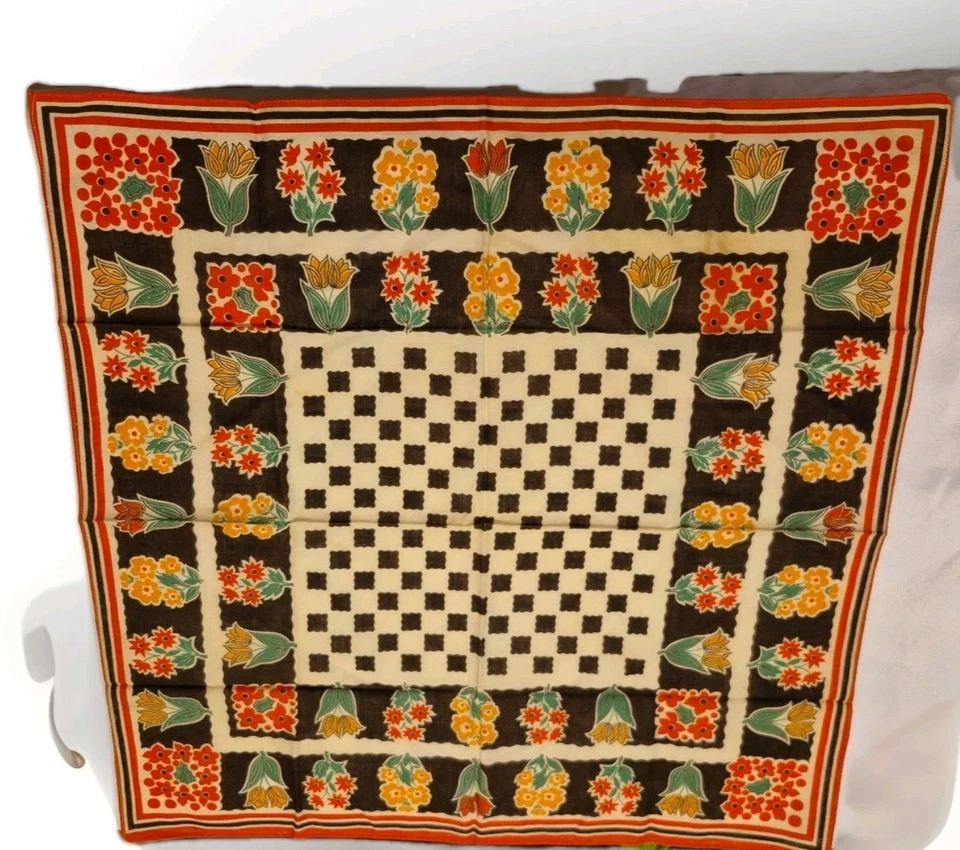 Vintage Collectible Rayon Blue Scarf & Polyester Multicolor Floral-Checker Scarf - Image 4 of 4