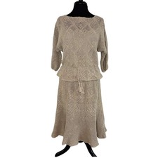 Vintage Hand-Crocheted Skirt Set by J.M. Pink L Beige Boho Lagenlook 100 Cotton