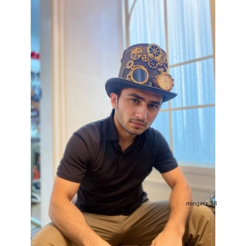 NEW Black Top Hat Halloween w/ Clock Spike Costume Steampunk Goggles Accessories - Image 3 of 4