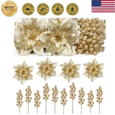 24Pcs Artificial Christmas Poinsettia Flowers  Berries Xmas Decor