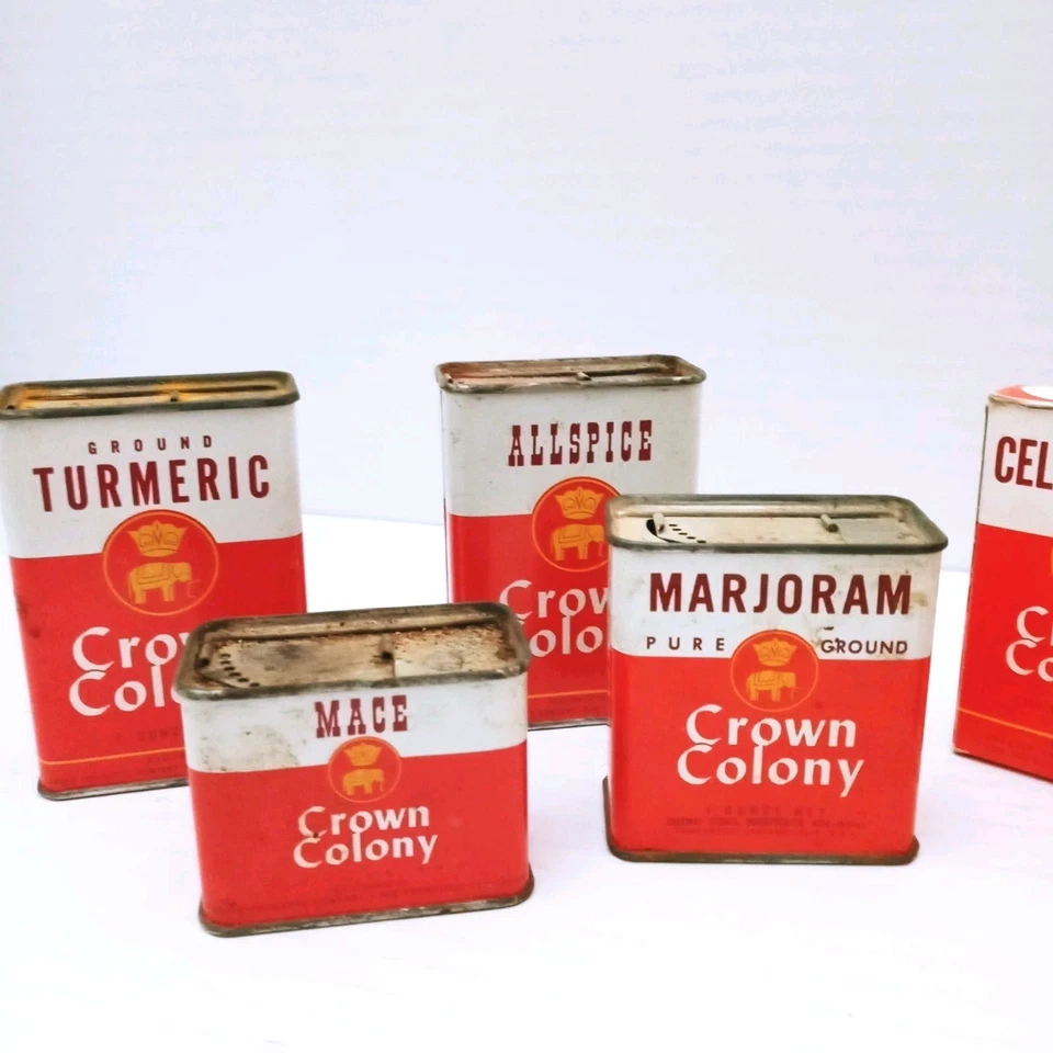 Vintage Crown Colony Spice Tins Boxes Lot Of 8 Mace Marjoram Dill Allspice More - Image 2 of 4
