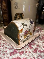 Antike viktorianische Käse-Butterdose mit schräger Oberseite Blumenmuster Staffordshire-Typ