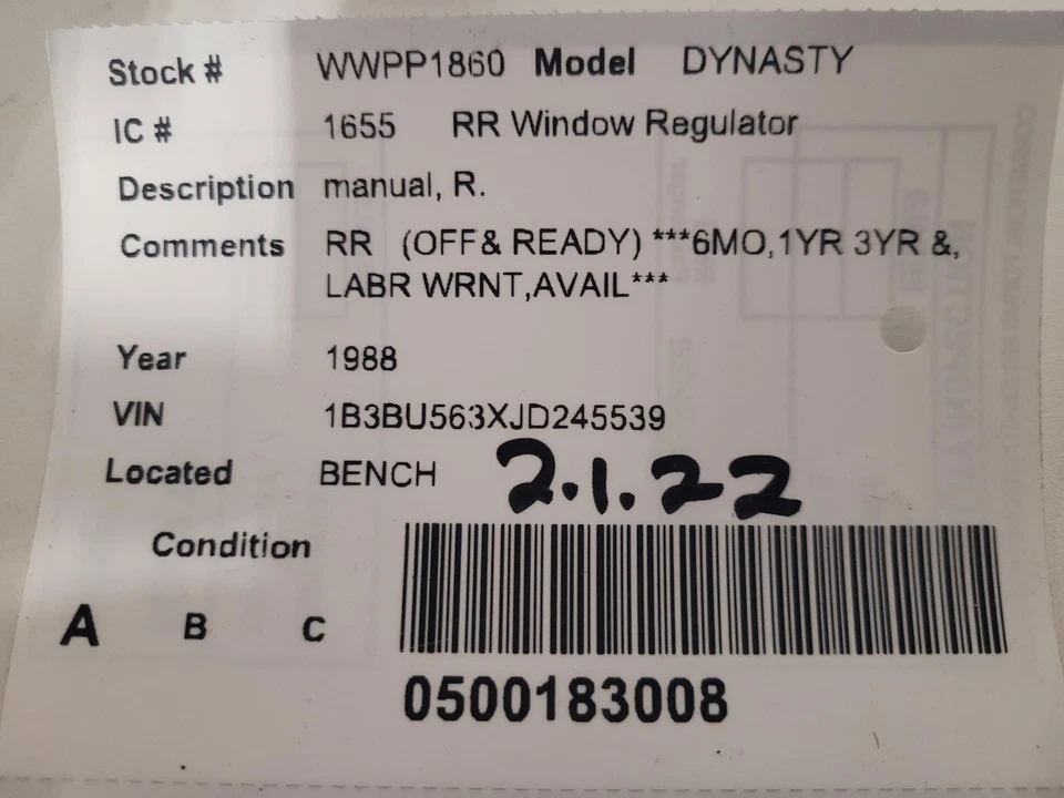 Used Rear Right Door Window Regulator Rear fits: 1988 Dodge Dynasty manual Rear Foto 3 de 4