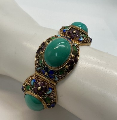 Chinese Export Turquoise Silver Gilded Floral Enamel Filigree Bracelet