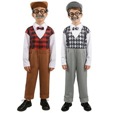 Kids Boys Set Retro Costume Jumpsuit Outfit Old Man Halloween Accessories Hat