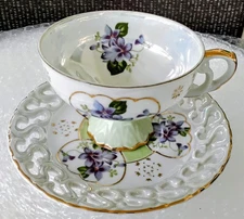 50s Lefton China Violets with Gold Trim Lusterware Pedestal Teacup and Saucer