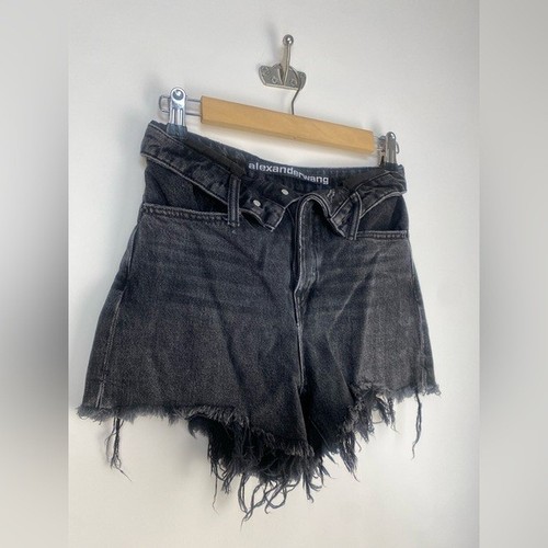 Alexander Wang Bite Foldover Frayed Denim Shorts Faded Black Grey Aged Size 24 - Picture 10 of 14
