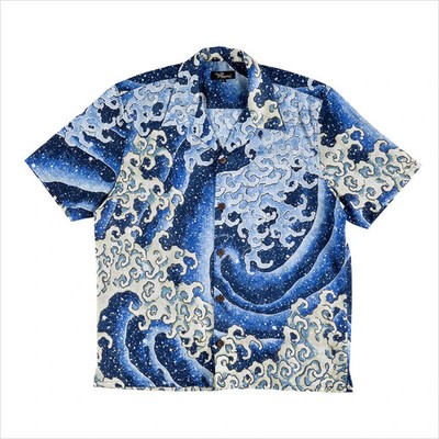 Hokusai Museum Cotton Aloha Shirt Male Angry Waves Blue Collab. w/ Pagong Kyoto
