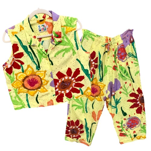 Chloé, VTG Jams World Outfit Top Pants CHLOE Print Yellow Floral Hawaiian Sz M/L