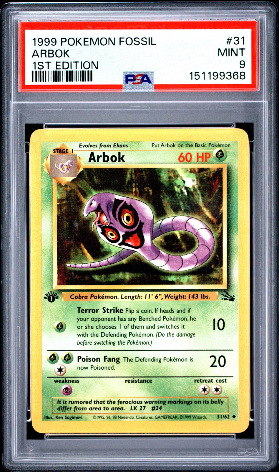 1999 POKEMON FOSSIL 1ST EDITION #31 ARBOK PSA 9