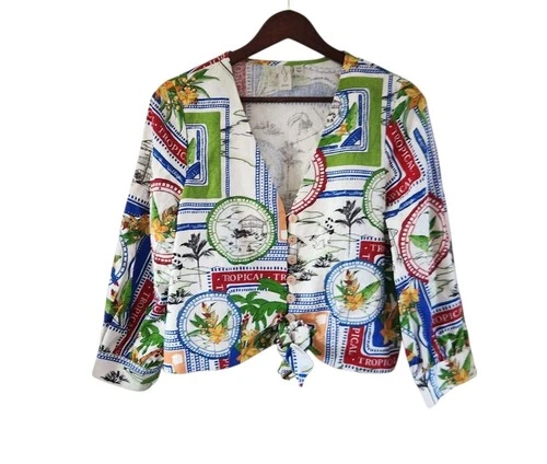 Joie Womens M Tropical Vacation Travel Linen Blend Tie Front 3/4 Sleeve Top New