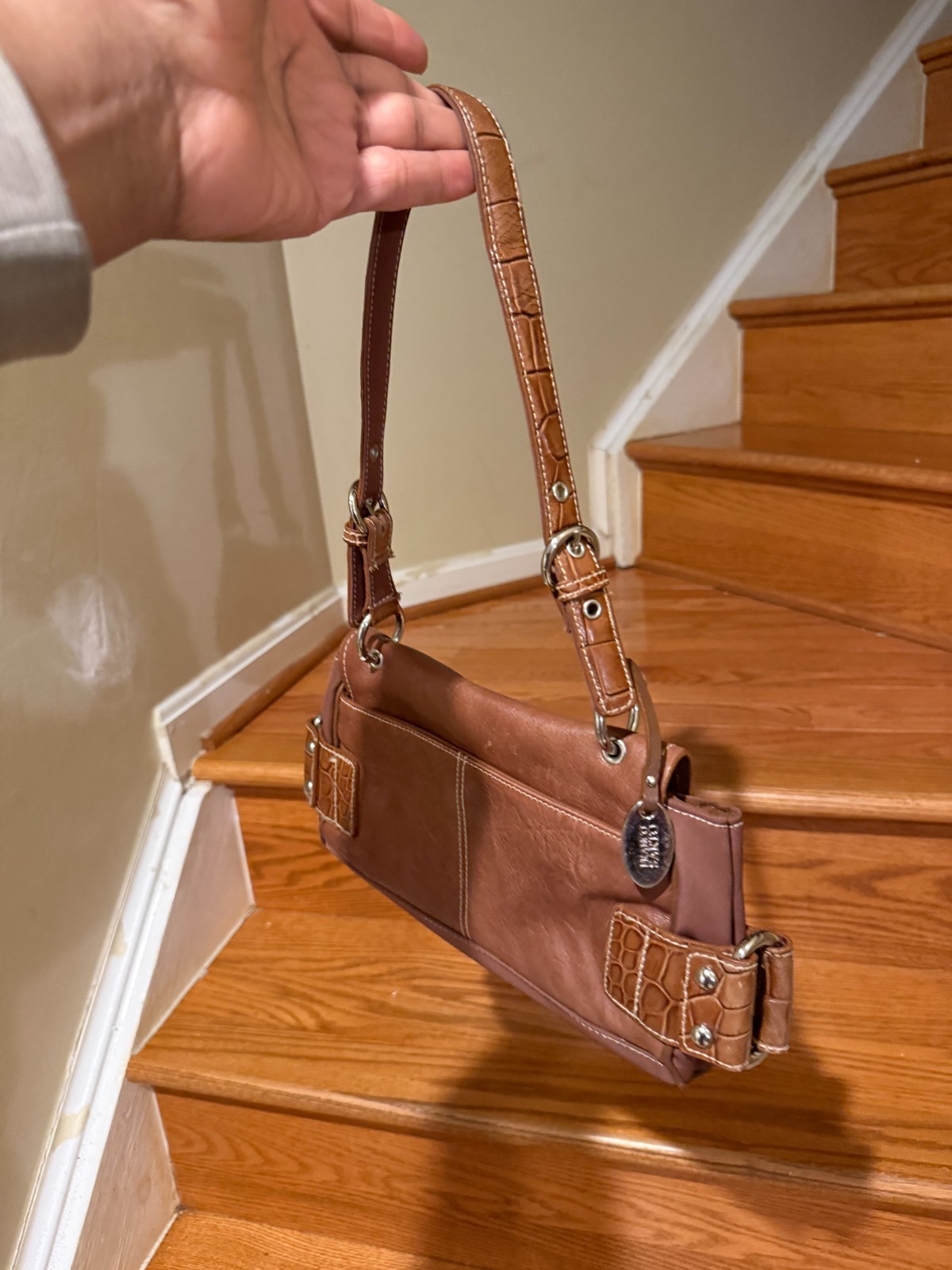 Franco Sarto Brown Leather Shoulder Bag Croc Embossed Accents Handbag Y2K Style