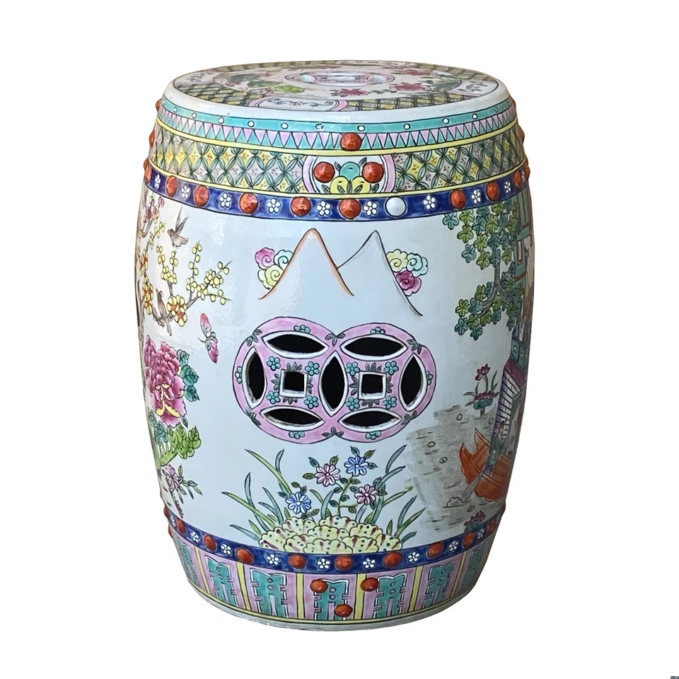 Vintage Oriental Famille Rose Mixed Color Porcelain Round Stool Ottoman cs7386 - Image 4 of 4