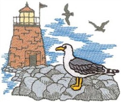 LIGHTHOUSE WITH SEAGULLS SET OF 2 BATH HAND TOWELS EMBROIDERED By Laura