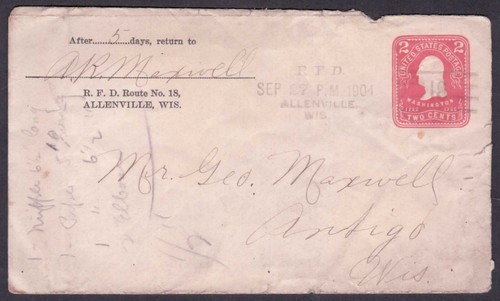Allenville, Wisconsin - Handstamped RFD Cancel Route 18 - 1904 Cover - 第 1/2 張圖片