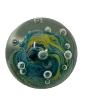 Paperweight 3" Art Glass Clear Blue Green Yellow Swirl Bubble VTG