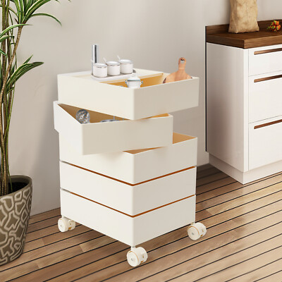 5 Drawers 360° Movable Rotating Storage Side End Coffee Table Sofa Cabinet White