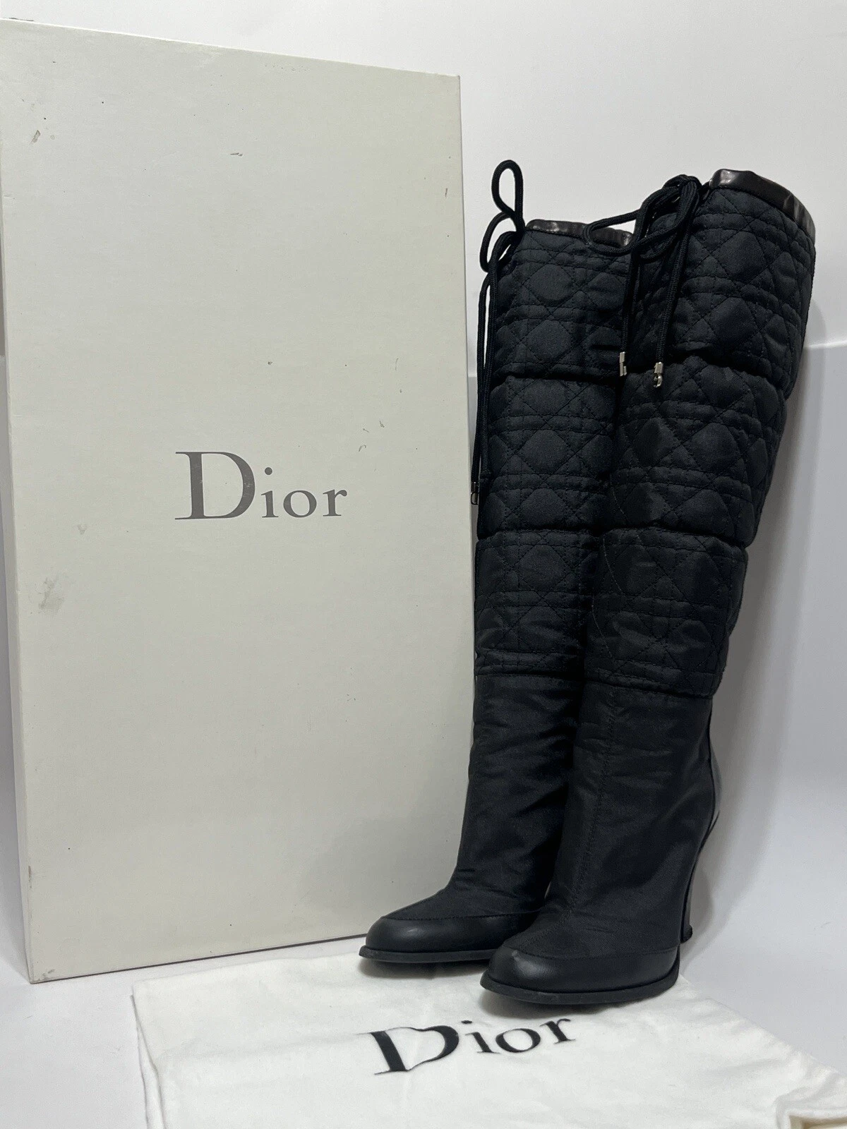 BOTTES VINTAGE CHRISTIAN DIOR BY JOHN GALLIANO POINT DE CANNAGE NOIR NYLON « GLACE » 36,5