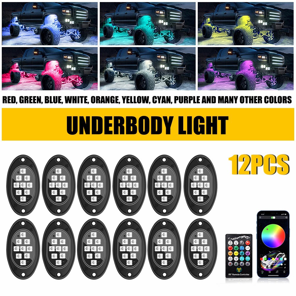 12x RGB LED Pods Rock Light Kit Underbody Glow Neon Lamp Bluetooth Music Control