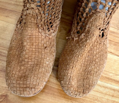 Tapeet Vicini Italy LIGHT BROWN Leather Open Weave/Crochet Boots Size 38.5 US 8 - Picture 6 of 23