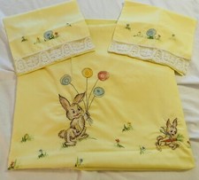 Vintage Nursery Set Embroidered Bunnies Flat Sheet Two Pillowcases
