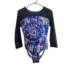 Justice sport leotard blue with tie dye design and mesh long sleeves size 18