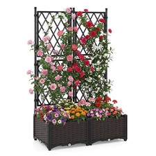 Raised Garden Bed w/Trellis Self Watering Planter Box Drain Holes Set of 2