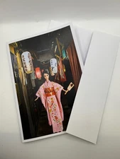 New 5" × 7" Greeting Card Featuring Barbie in a Pink Kimono on a Japanese Street