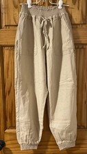 Love Tree Pants Womens Sz L Tan Linen Viscose Blend Elastic Pockets Baggy